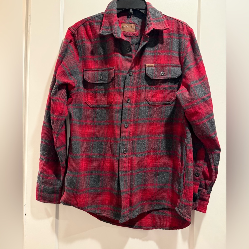 Orvis Men's Red and Gray Plaid Jacket Size Small‎